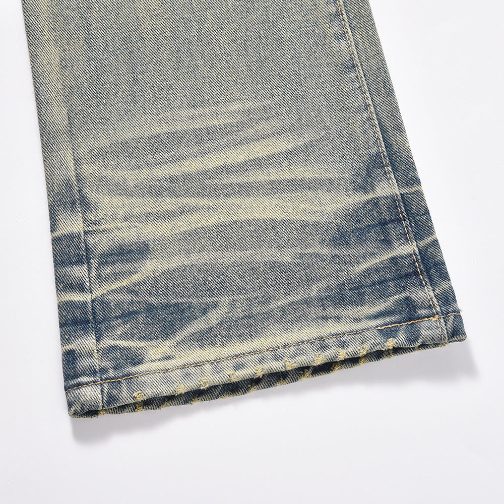 DISTRESSED SCRATCHES DENIM STRAIGHT-LEG PANT